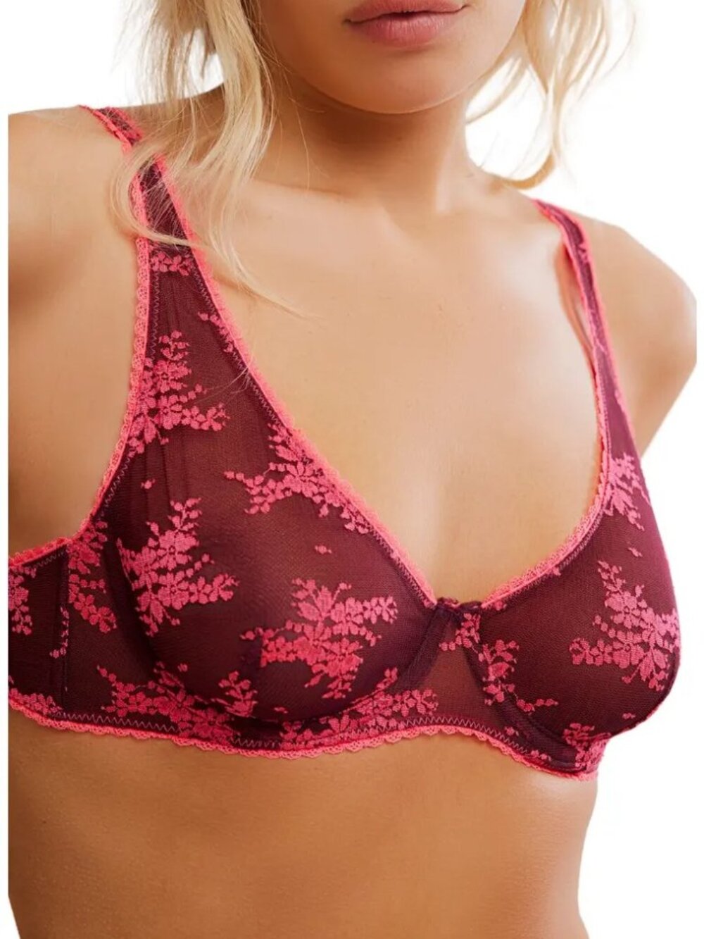 Free People Intimately Talk About It Mesh Underwire Bra Burgundy Pink Size 34DD